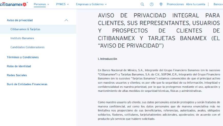 Ejemplo aviso de privacidad banco banamex