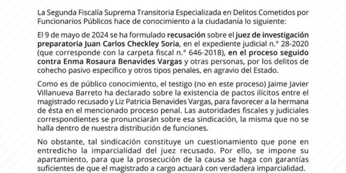 Fiscalia recusa al juez supremo Juan Carlos Checkley en caso de Enma Benavides (1)