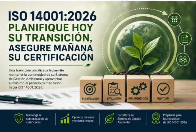 Infografía sobre la planificación y transición a la norma ISO 14001:2026 para asegurar la certificación del SGA - Risk Consulting Global Group